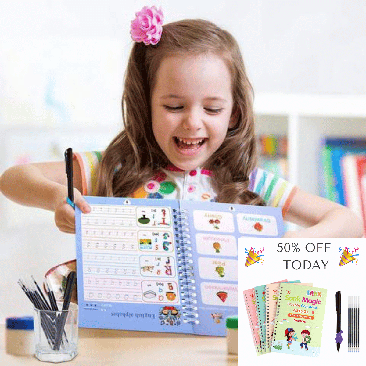 Reusable Handwriting Workbook For Kids,Large Letter And Number,Auto Fade  Ink Refill Pen,Pen Control Tracing Practice For Kids,Grooves Calligraphy