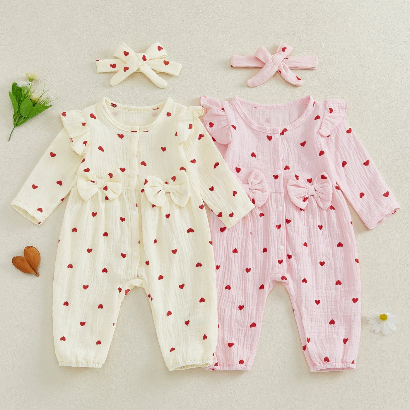 Cute Hearts Ruffle Long Sleeves Jumpsuit & Bowknot Set - Skaldo & Malin