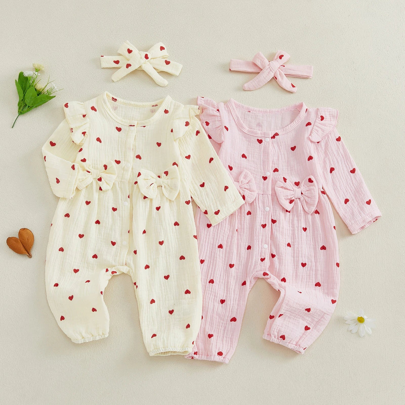 Cute Hearts Ruffle Long Sleeves Jumpsuit & Bowknot Set - Skaldo & Malin