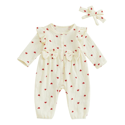 Cute Hearts Ruffle Long Sleeves Jumpsuit & Bowknot Set - Skaldo & Malin