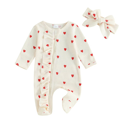 Long Sleeves Hearts Ruffle Sleepsuit & Headband - Skaldo & Malin