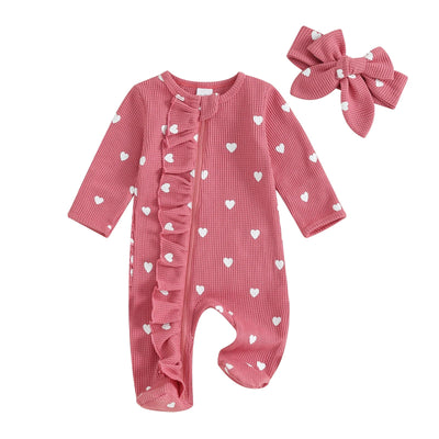 Long Sleeves Hearts Ruffle Sleepsuit & Headband - Skaldo & Malin