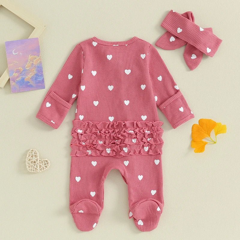 Long Sleeves Hearts Ruffle Sleepsuit & Headband - Skaldo & Malin