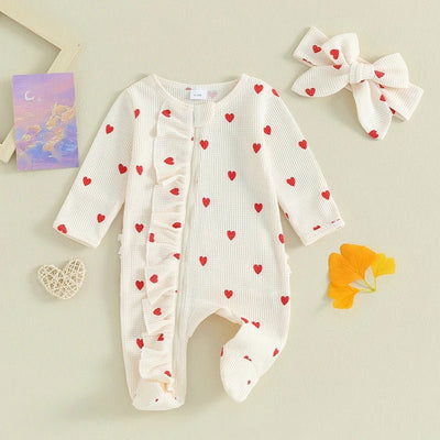 Long Sleeves Hearts Ruffle Sleepsuit & Headband - Skaldo & Malin