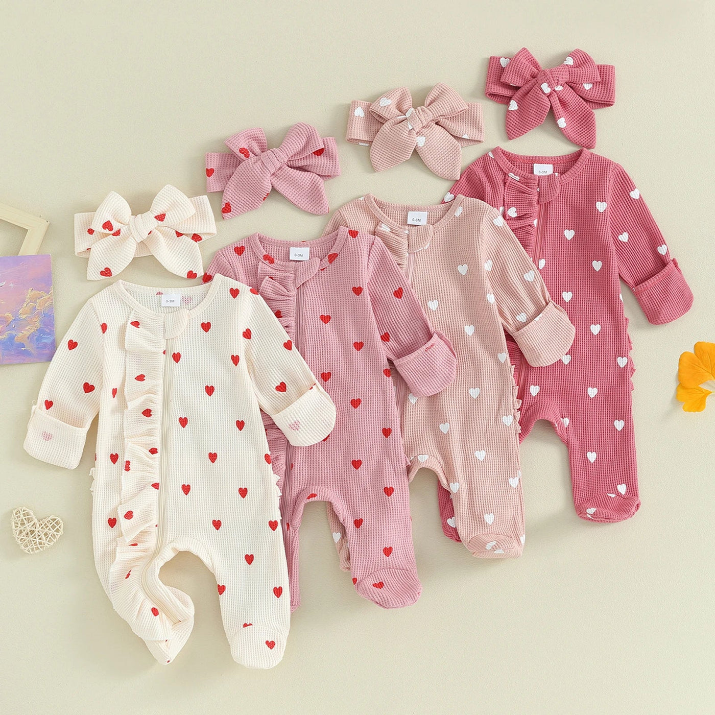 Long Sleeves Hearts Ruffle Sleepsuit & Headband - Skaldo & Malin