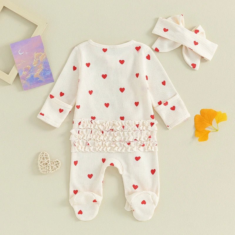 Long Sleeves Hearts Ruffle Sleepsuit & Headband - Skaldo & Malin