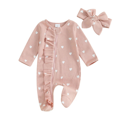 Long Sleeves Hearts Ruffle Sleepsuit & Headband - Skaldo & Malin