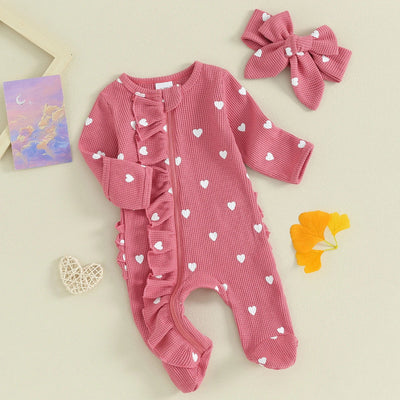 Long Sleeves Hearts Ruffle Sleepsuit & Headband - Skaldo & Malin