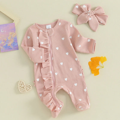 Long Sleeves Hearts Ruffle Sleepsuit & Headband - Skaldo & Malin