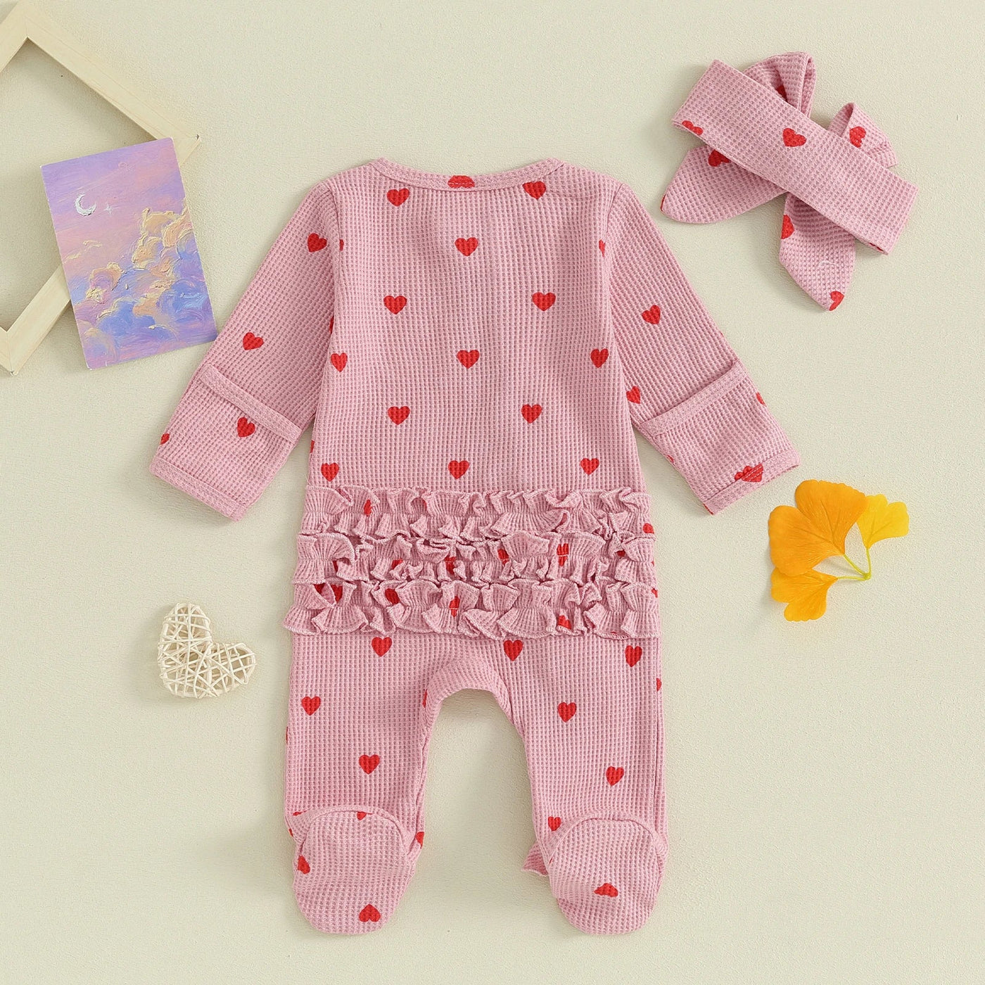 Long Sleeves Hearts Ruffle Sleepsuit & Headband - Skaldo & Malin