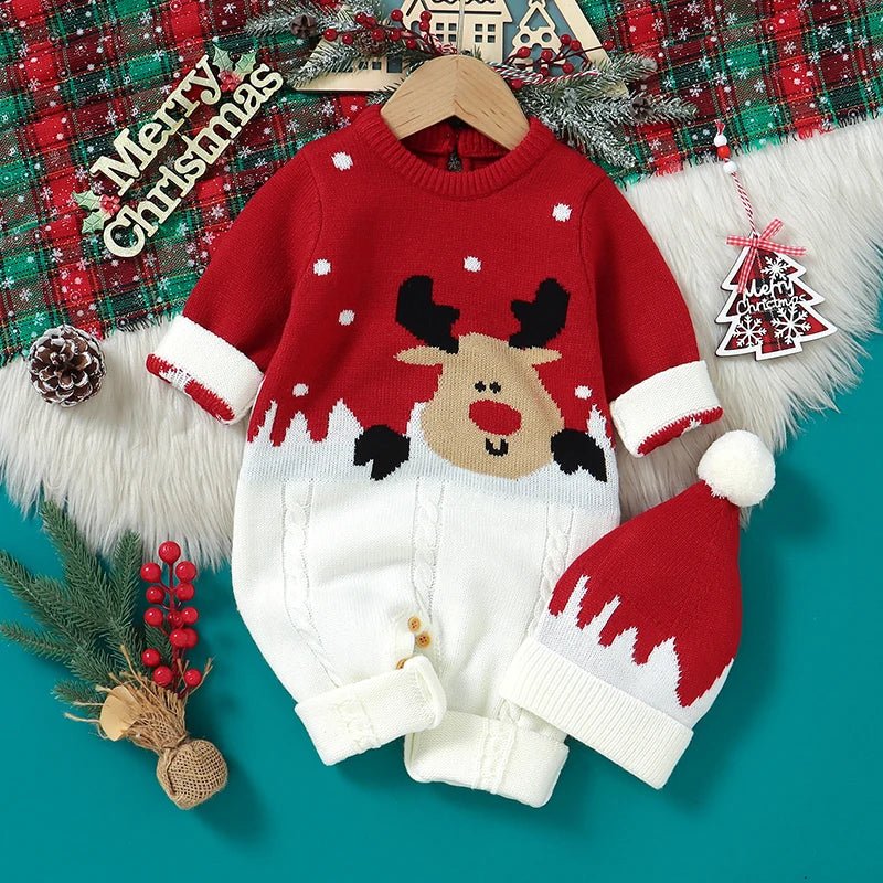 Reindeer Knitted Long Sleeve Jumpsuit & Hat Set Baby Toddler 0 - 18 Months - Skaldo & Malin